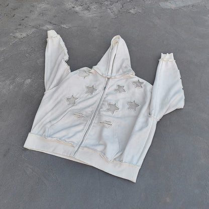 Star Cut-Out Zip Up Hoodie - White Gothic Letter Patch Distressed Y2K Streetwear