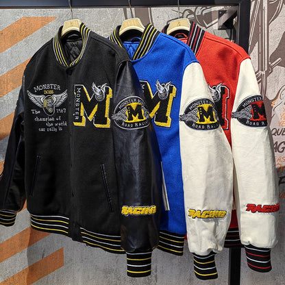 factory wholesale custom logo chenille embroidery letterman varsity jacket with leather sleeves