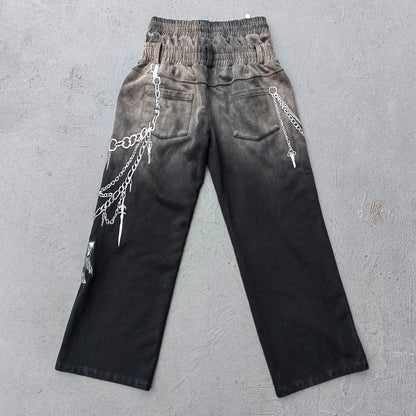 Chain Print Sweatpants - Black Brown Gradient High Waist Wide Leg Y2K Gothic Streetwear