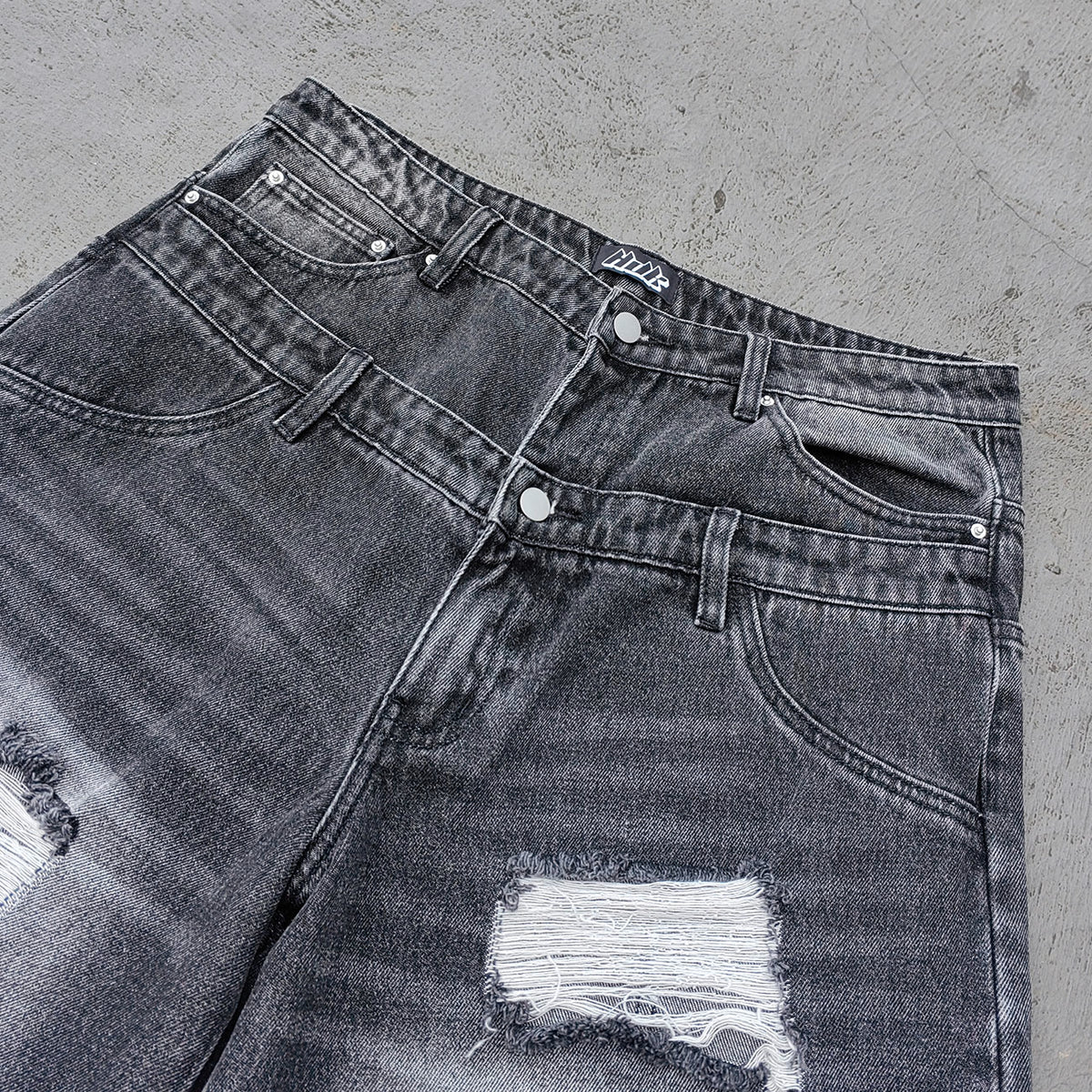 Wide Leg Jeans - Black Gray Acid Wash Double Waistband Heavy Ripped Distressed Frayed Hem Y2K Streetwear