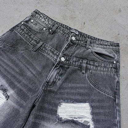 Wide Leg Jeans - Black Gray Acid Wash Double Waistband Heavy Ripped Distressed Frayed Hem Y2K Streetwear