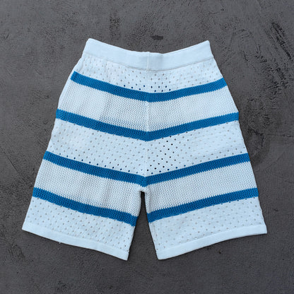 Crochet Knit Set - White Blue Stripe Camp Collar Shirt Shorts Y2K Vacation Streetwear