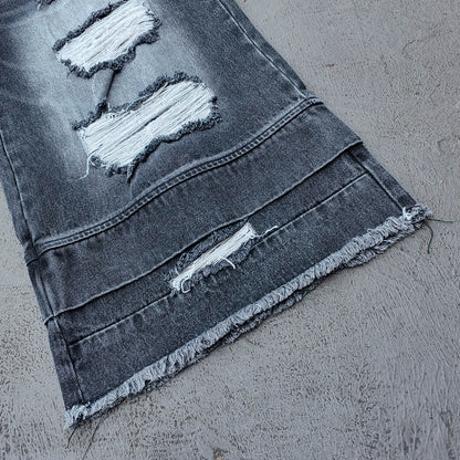 Wide Leg Jeans - Black Gray Acid Wash Double Waistband Heavy Ripped Distressed Frayed Hem Y2K Streetwear