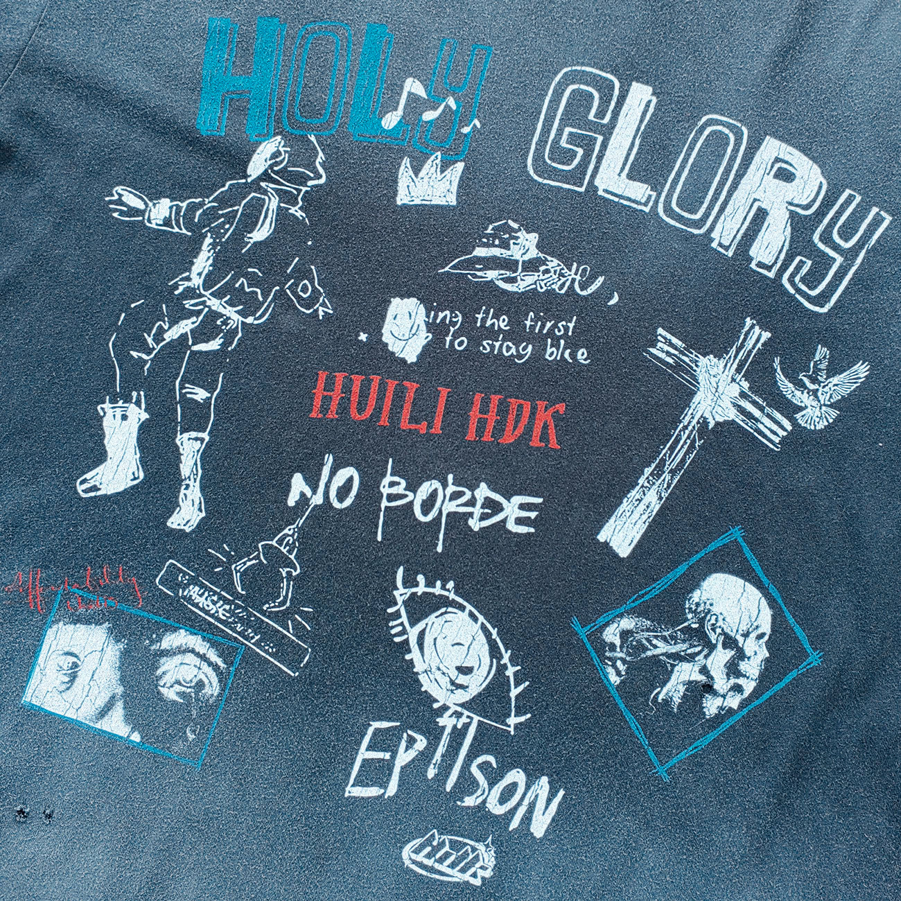 Holy Glory Graphic Tee - Slate Blue Dirty Wash Graffiti Collage Print Distressed Ripped Y2K Streetwear