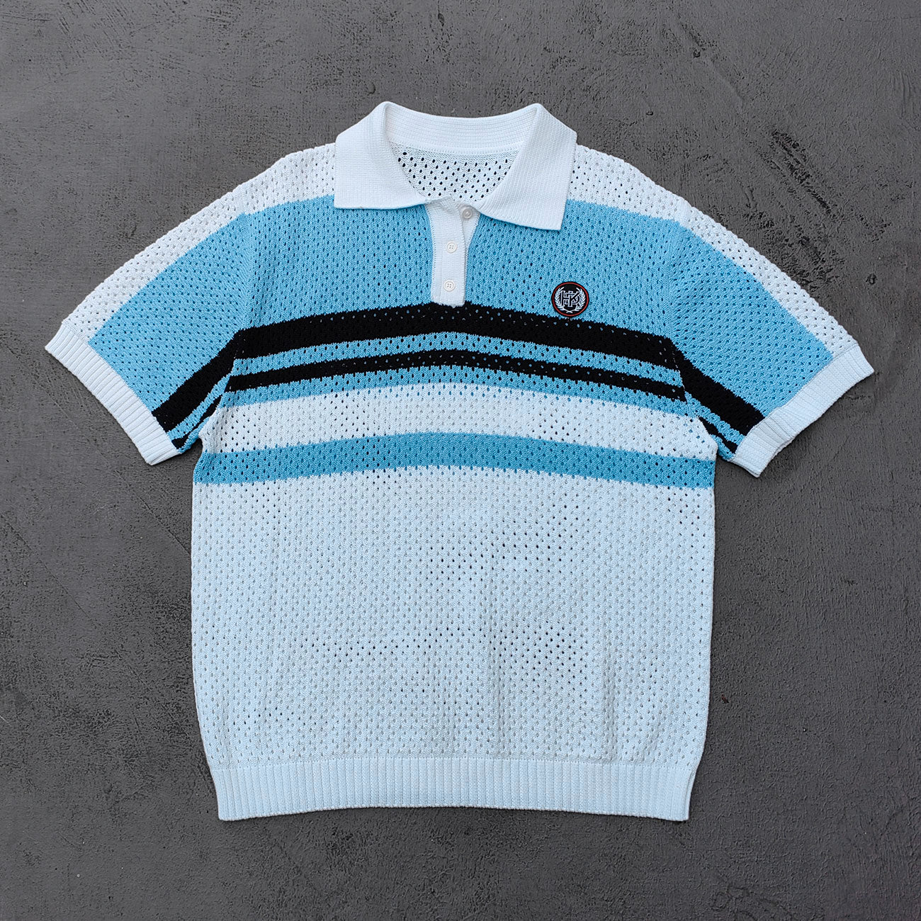 Crochet Knit Polo Set - Light Blue White Black Stripe Shirt Shorts Y2K Vacation Streetwear