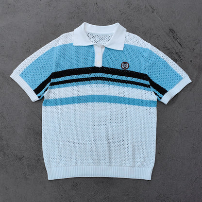 Crochet Knit Polo Set - Light Blue White Black Stripe Shirt Shorts Y2K Vacation Streetwear
