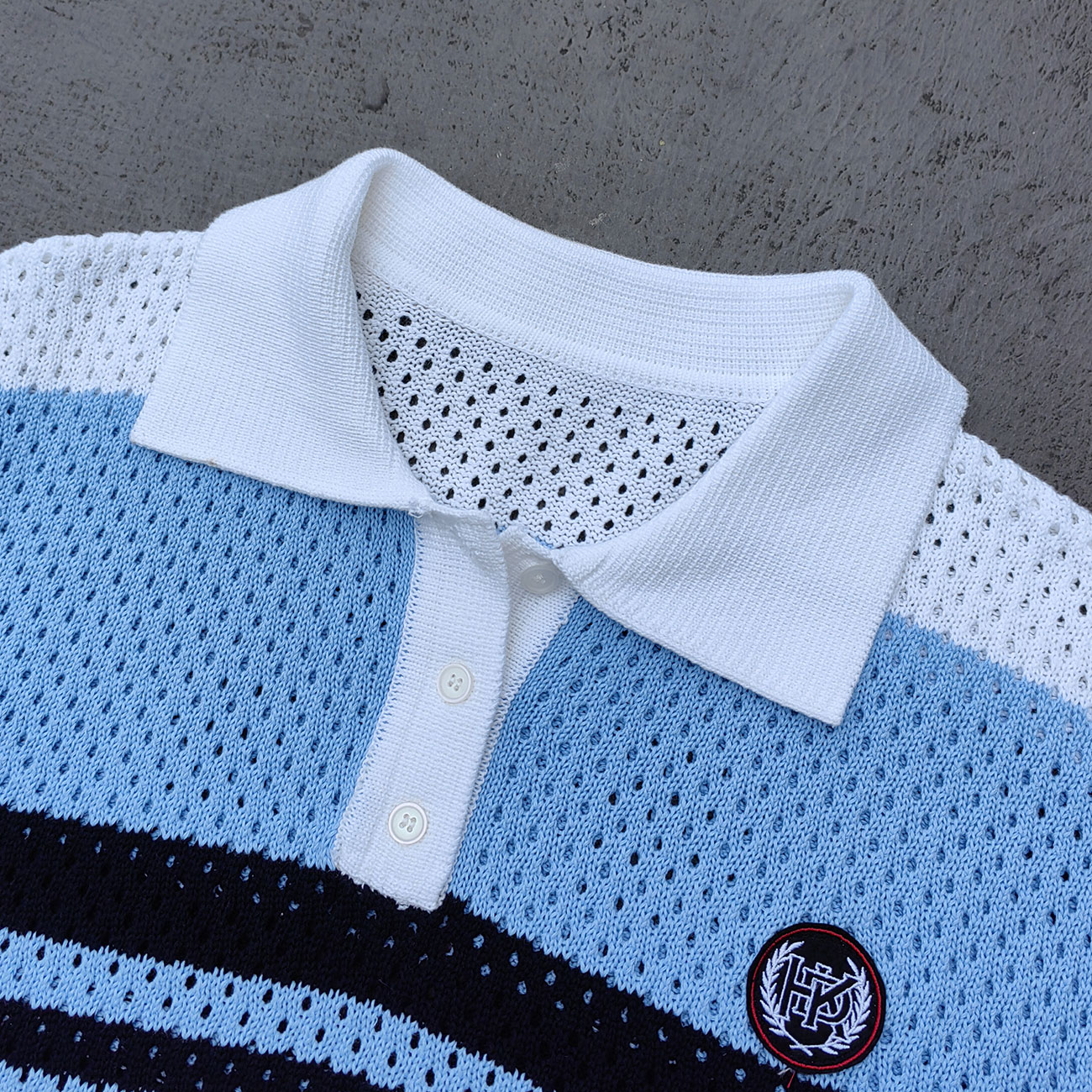 Crochet Knit Polo Set - Light Blue White Black Stripe Shirt Shorts Y2K Vacation Streetwear