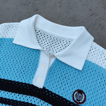Crochet Knit Polo Set - Light Blue White Black Stripe Shirt Shorts Y2K Vacation Streetwear