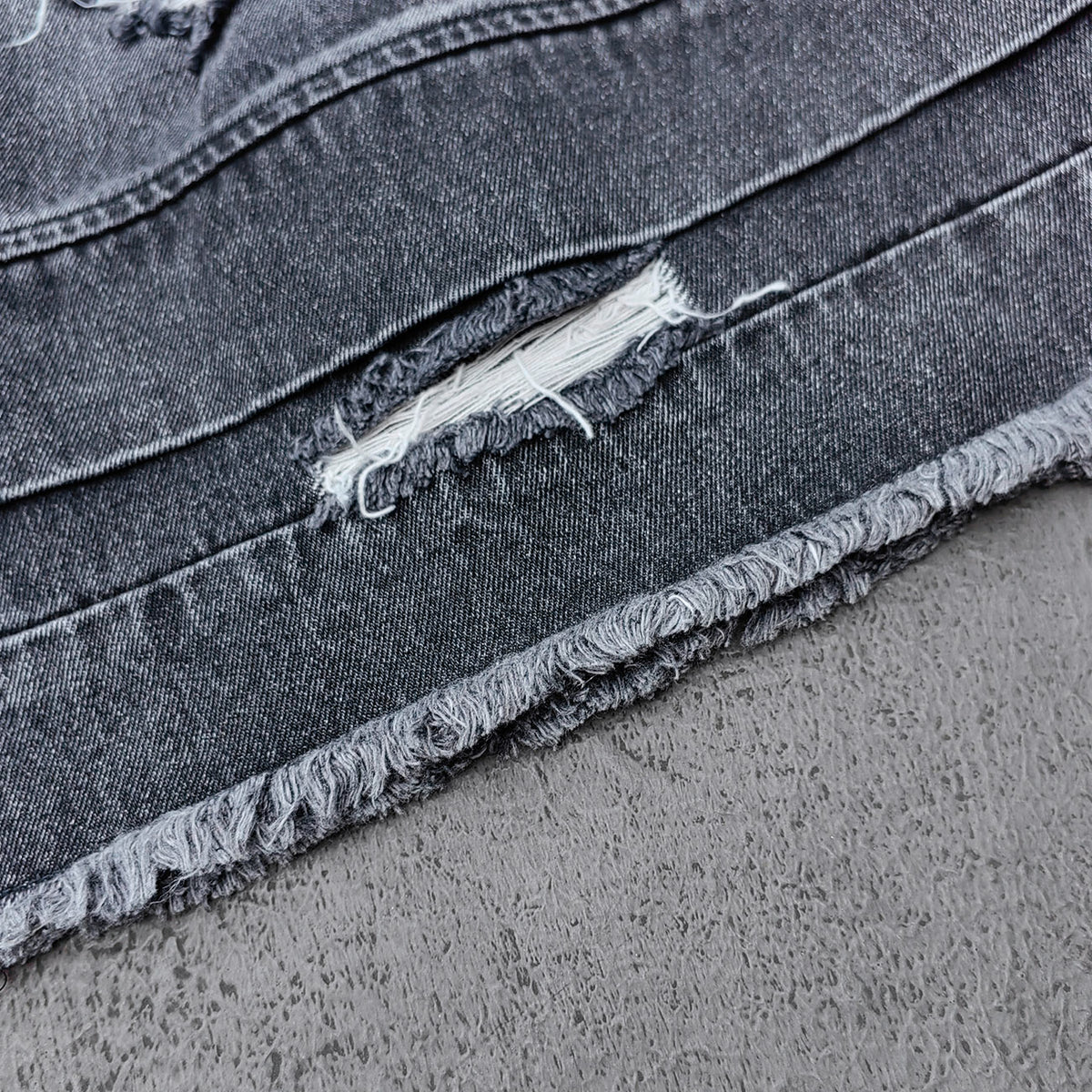 Wide Leg Jeans - Black Gray Acid Wash Double Waistband Heavy Ripped Distressed Frayed Hem Y2K Streetwear