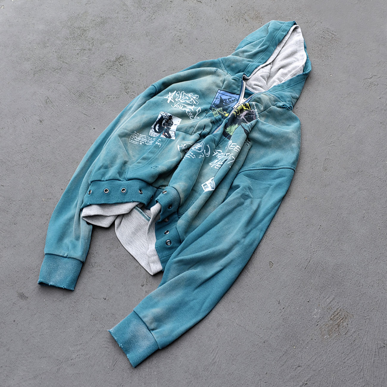 Graffiti Collage Hoodie - Teal Acid Wash Eyelet Hem Y2K Ripped Zip Up Streetwear