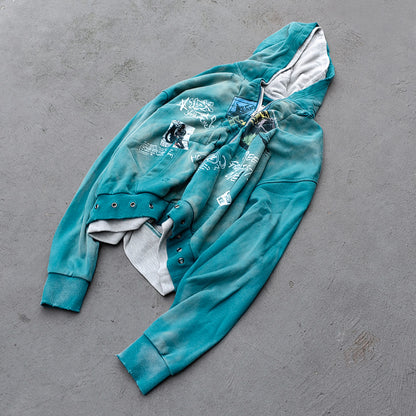 Graffiti Collage Hoodie - Teal Acid Wash Eyelet Hem Y2K Ripped Zip Up Streetwear
