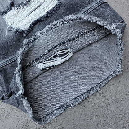 Wide Leg Jeans - Black Gray Acid Wash Double Waistband Heavy Ripped Distressed Frayed Hem Y2K Streetwear