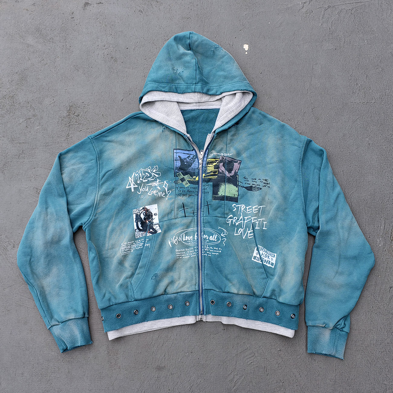 Graffiti Collage Hoodie - Teal Acid Wash Eyelet Hem Y2K Ripped Zip Up Streetwear