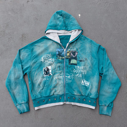 Graffiti Collage Hoodie - Teal Acid Wash Eyelet Hem Y2K Ripped Zip Up Streetwear