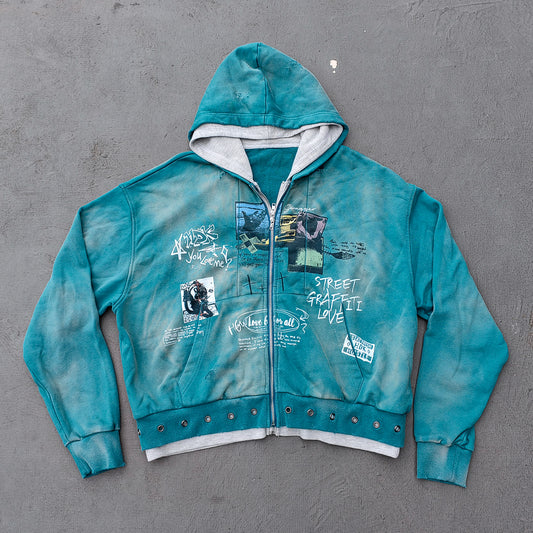 Graffiti Collage Hoodie - Teal Acid Wash Eyelet Hem Y2K Ripped Zip Up Streetwear
