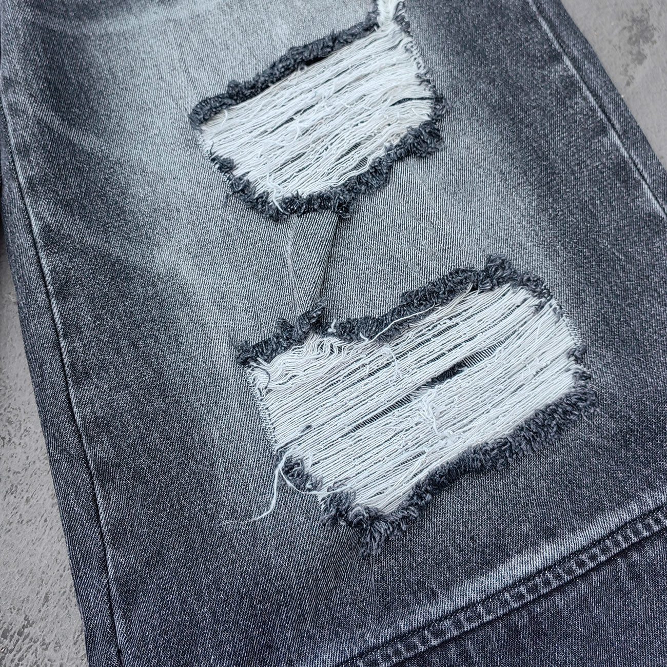 Wide Leg Jeans - Black Gray Acid Wash Double Waistband Heavy Ripped Distressed Frayed Hem Y2K Streetwear