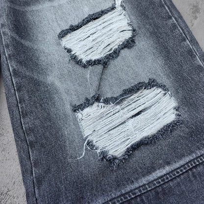 Wide Leg Jeans - Black Gray Acid Wash Double Waistband Heavy Ripped Distressed Frayed Hem Y2K Streetwear