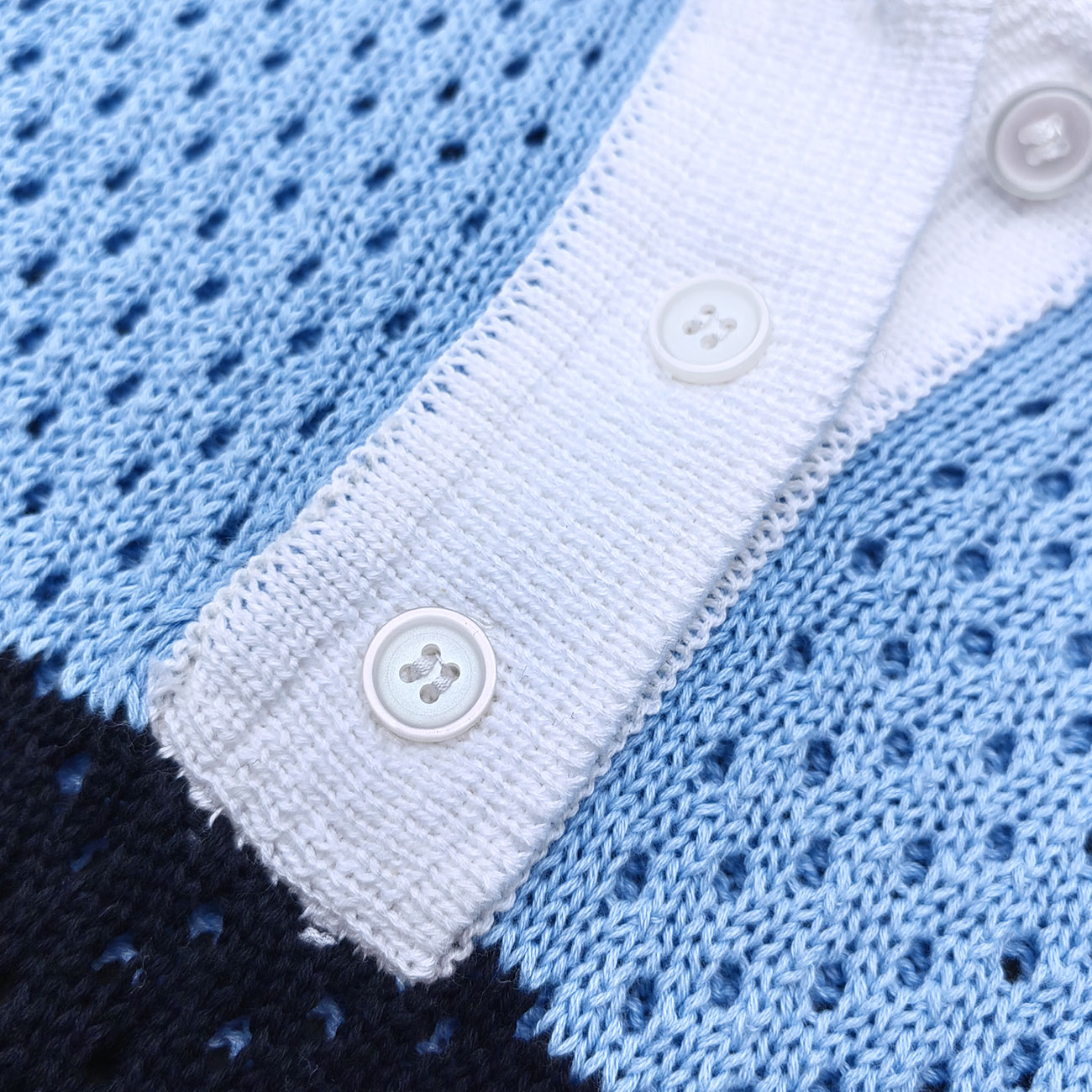 Crochet Knit Polo Set - Light Blue White Black Stripe Shirt Shorts Y2K Vacation Streetwear