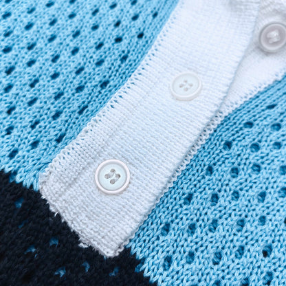 Crochet Knit Polo Set - Light Blue White Black Stripe Shirt Shorts Y2K Vacation Streetwear