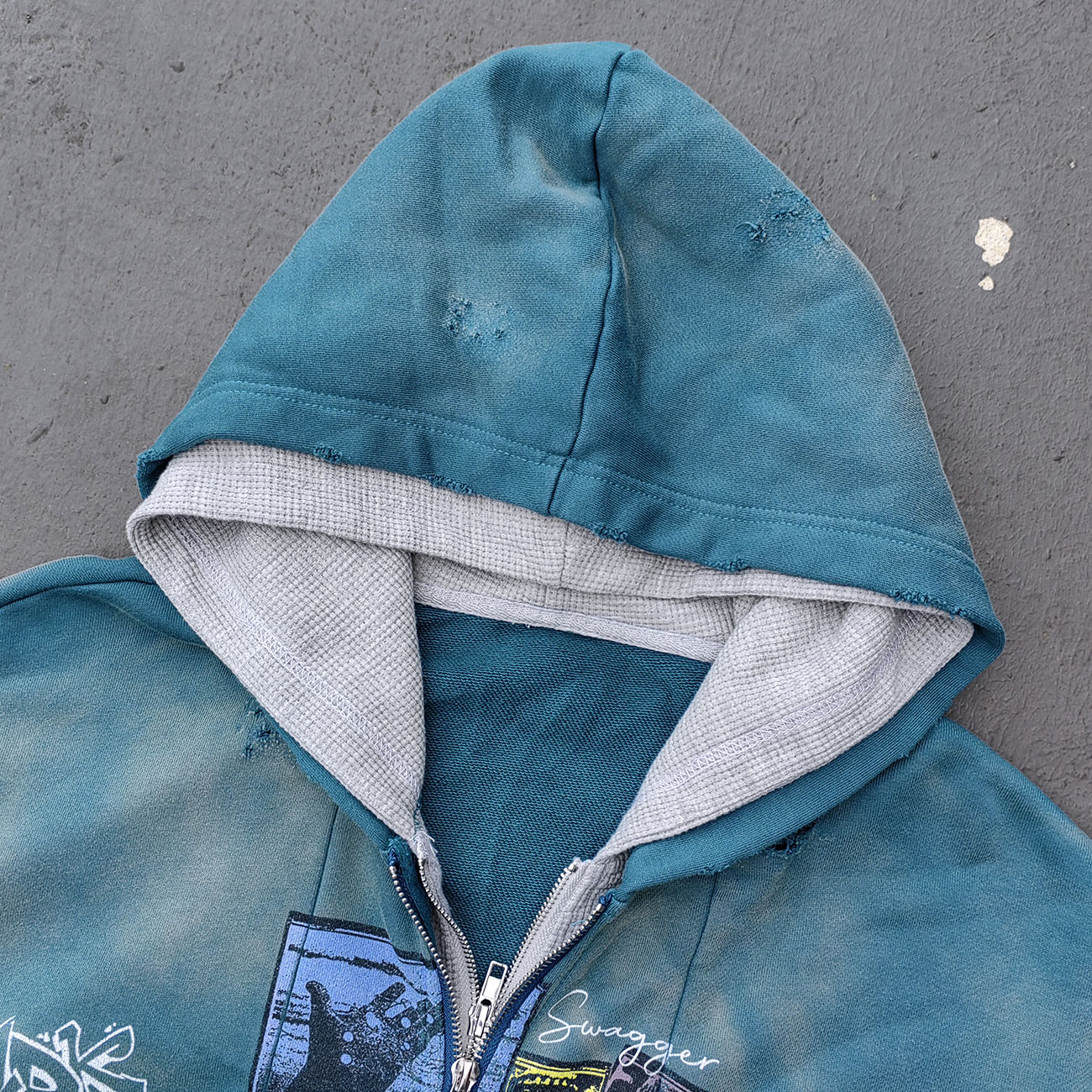 Graffiti Collage Hoodie - Teal Acid Wash Eyelet Hem Y2K Ripped Zip Up Streetwear