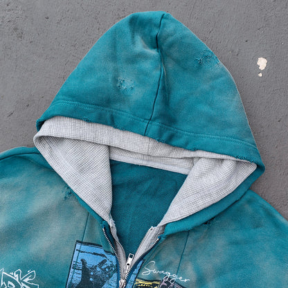 Graffiti Collage Hoodie - Teal Acid Wash Eyelet Hem Y2K Ripped Zip Up Streetwear