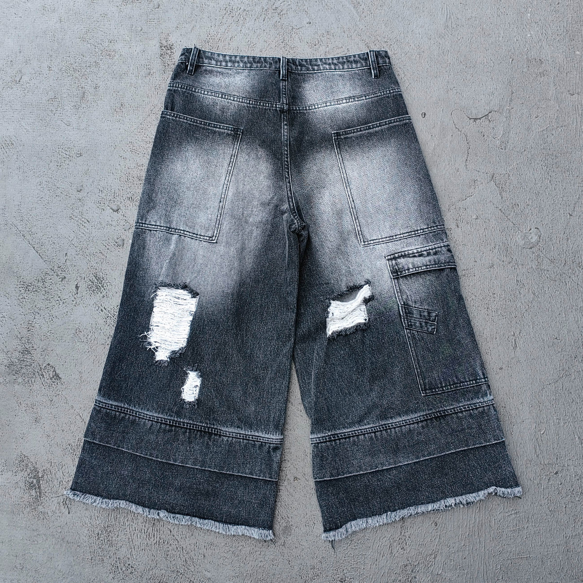 Wide Leg Jeans - Black Gray Acid Wash Double Waistband Heavy Ripped Distressed Frayed Hem Y2K Streetwear
