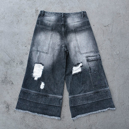 Wide Leg Jeans - Black Gray Acid Wash Double Waistband Heavy Ripped Distressed Frayed Hem Y2K Streetwear
