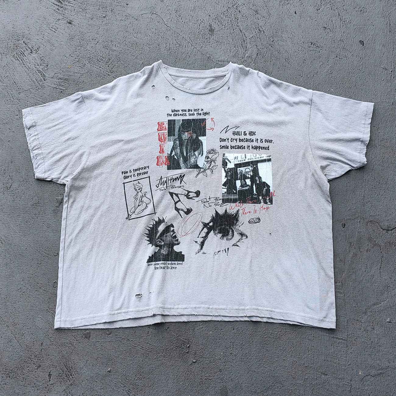 HUILI HDK Graphic Tee - Light Gray Dirty Wash Vintage Magazine Collage Print Distressed Ripped Raw Hem Y2K Streetwear