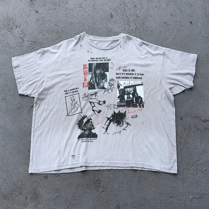 HUILI HDK Graphic Tee - Light Gray Dirty Wash Vintage Magazine Collage Print Distressed Ripped Raw Hem Y2K Streetwear