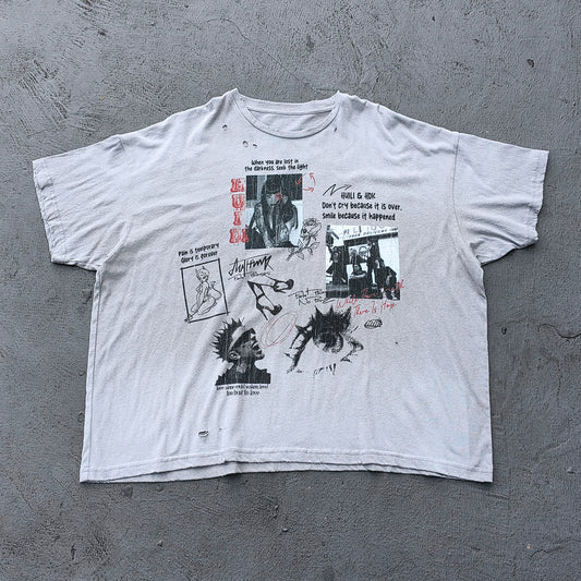 HUILI HDK Graphic Tee - Light Gray Dirty Wash Vintage Magazine Collage Print Distressed Ripped Raw Hem Y2K Streetwear