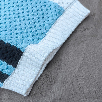 Crochet Knit Polo Set - Light Blue White Black Stripe Shirt Shorts Y2K Vacation Streetwear