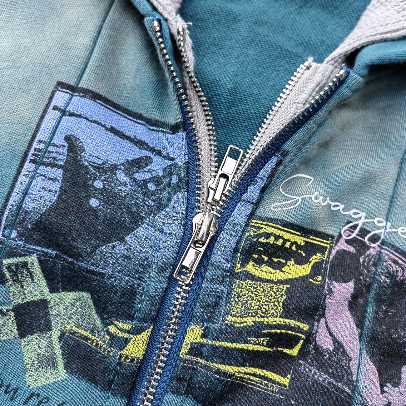 Graffiti Collage Hoodie - Teal Acid Wash Eyelet Hem Y2K Ripped Zip Up Streetwear