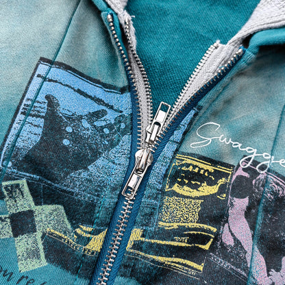 Graffiti Collage Hoodie - Teal Acid Wash Eyelet Hem Y2K Ripped Zip Up Streetwear