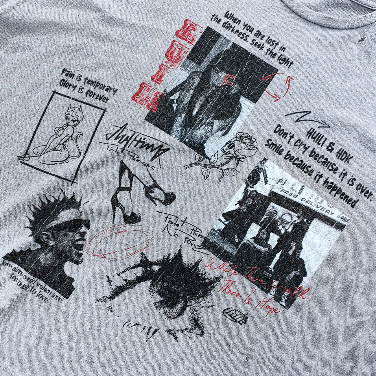 HUILI HDK Graphic Tee - Light Gray Dirty Wash Vintage Magazine Collage Print Distressed Ripped Raw Hem Y2K Streetwear