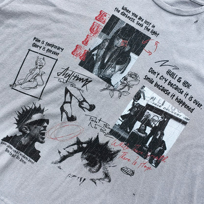HUILI HDK Graphic Tee - Light Gray Dirty Wash Vintage Magazine Collage Print Distressed Ripped Raw Hem Y2K Streetwear
