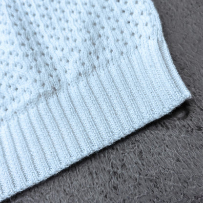 Crochet Knit Polo Set - Light Blue White Black Stripe Shirt Shorts Y2K Vacation Streetwear