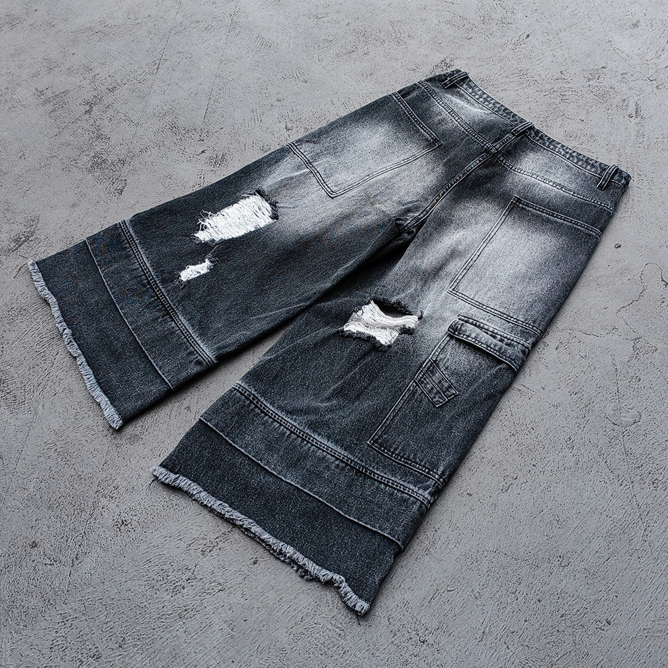 Wide Leg Jeans - Black Gray Acid Wash Double Waistband Heavy Ripped Distressed Frayed Hem Y2K Streetwear