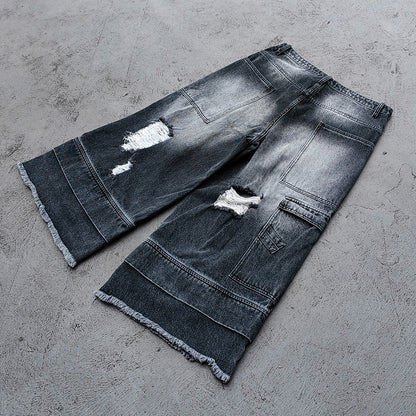 Wide Leg Jeans - Black Gray Acid Wash Double Waistband Heavy Ripped Distressed Frayed Hem Y2K Streetwear