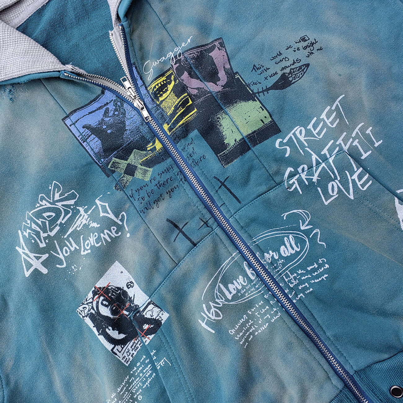 Graffiti Collage Hoodie - Teal Acid Wash Eyelet Hem Y2K Ripped Zip Up Streetwear