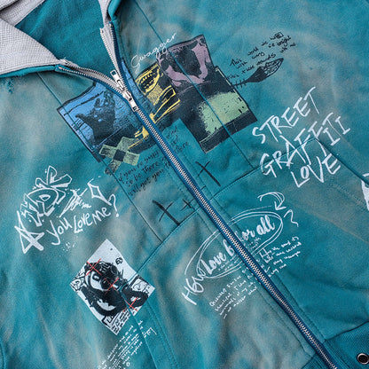 Graffiti Collage Hoodie - Teal Acid Wash Eyelet Hem Y2K Ripped Zip Up Streetwear