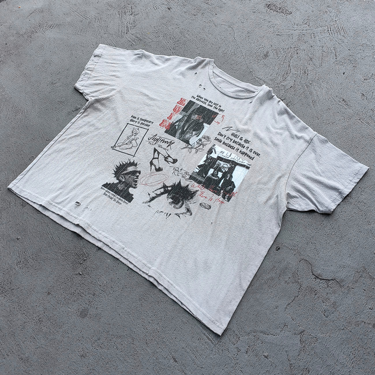 HUILI HDK Graphic Tee - Light Gray Dirty Wash Vintage Magazine Collage Print Distressed Ripped Raw Hem Y2K Streetwear