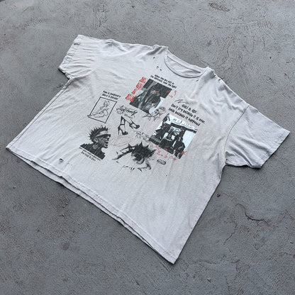 HUILI HDK Graphic Tee - Light Gray Dirty Wash Vintage Magazine Collage Print Distressed Ripped Raw Hem Y2K Streetwear