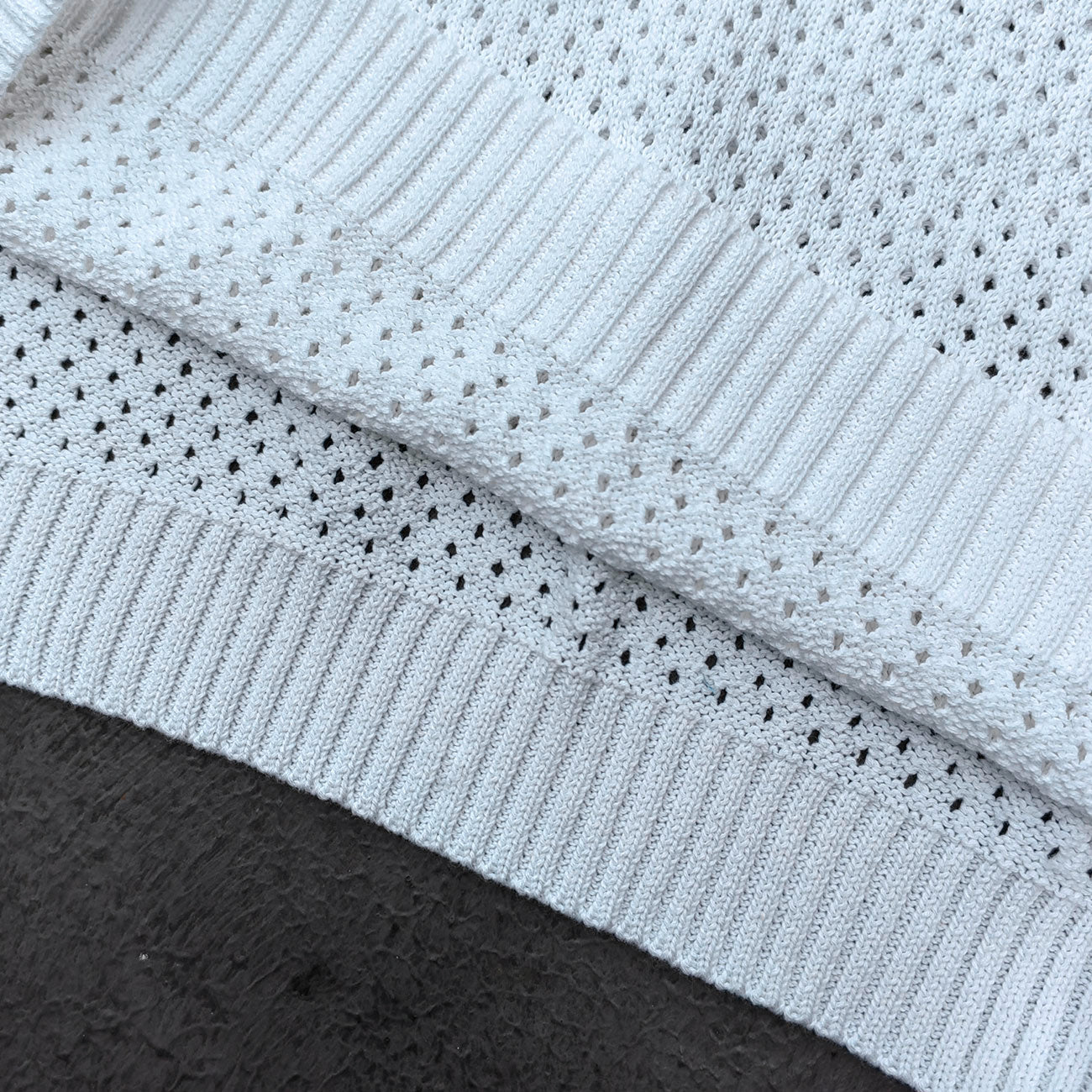 Crochet Knit Polo Set - Light Blue White Black Stripe Shirt Shorts Y2K Vacation Streetwear
