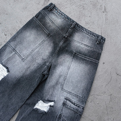 Wide Leg Jeans - Black Gray Acid Wash Double Waistband Heavy Ripped Distressed Frayed Hem Y2K Streetwear
