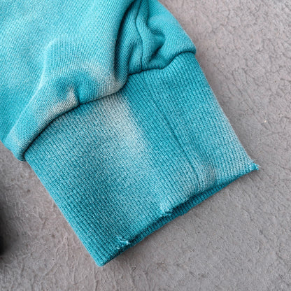 Graffiti Collage Hoodie - Teal Acid Wash Eyelet Hem Y2K Ripped Zip Up Streetwear