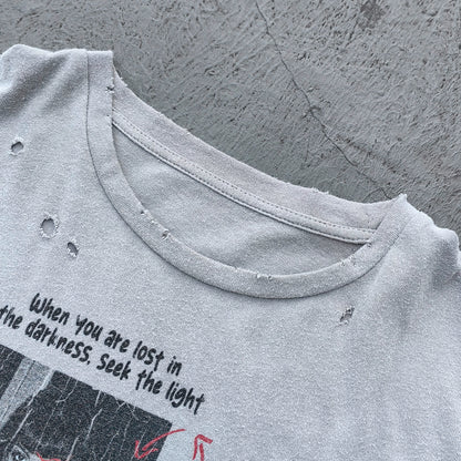 HUILI HDK Graphic Tee - Light Gray Dirty Wash Vintage Magazine Collage Print Distressed Ripped Raw Hem Y2K Streetwear
