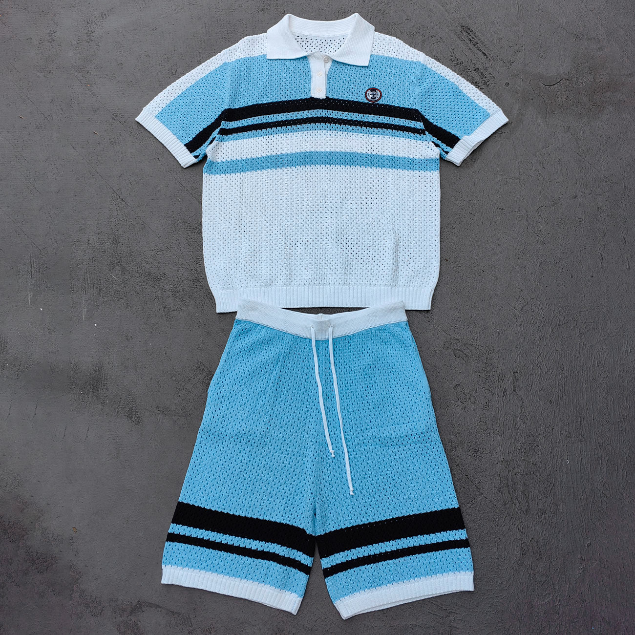 Crochet Knit Polo Set - Light Blue White Black Stripe Shirt Shorts Y2K Vacation Streetwear