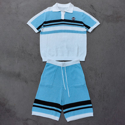 Crochet Knit Polo Set - Light Blue White Black Stripe Shirt Shorts Y2K Vacation Streetwear