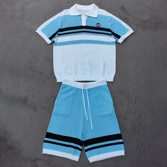 Crochet Knit Polo Set - Light Blue White Black Stripe Shirt Shorts Y2K Vacation Streetwear