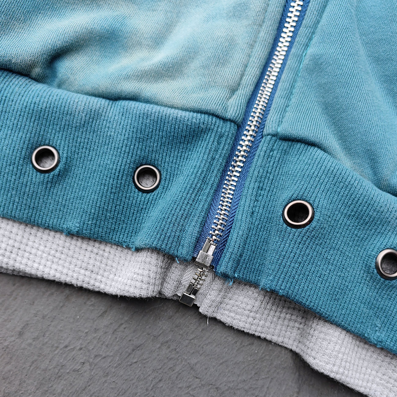 Graffiti Collage Hoodie - Teal Acid Wash Eyelet Hem Y2K Ripped Zip Up Streetwear